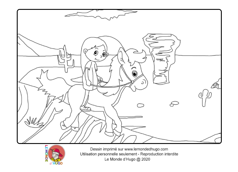coloriage Elle descend de la montagne à cheval  pour enfants